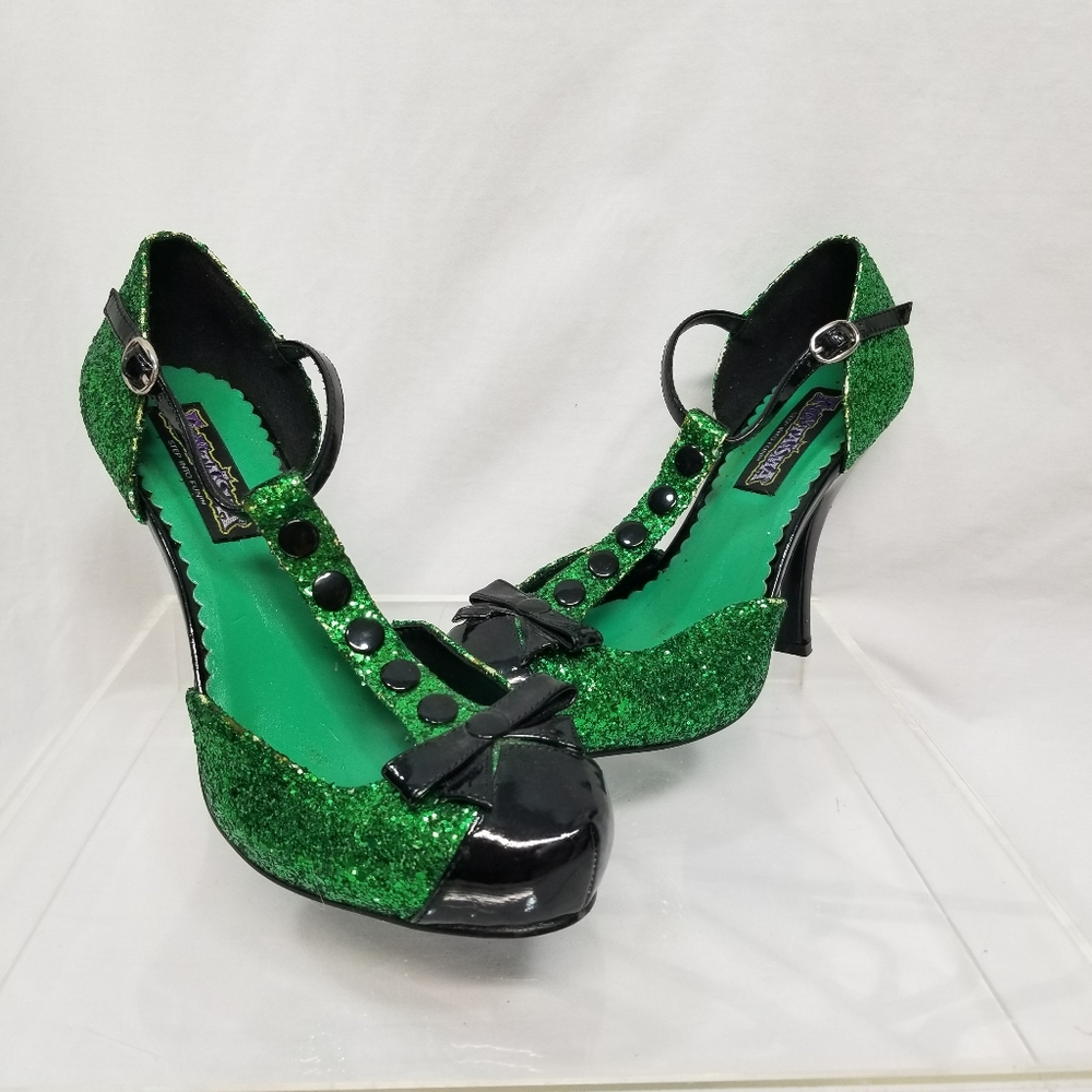 Funtasma Green Glitter Black Patent Leather Stiletto Heels Women Sz 9 Halloweeen